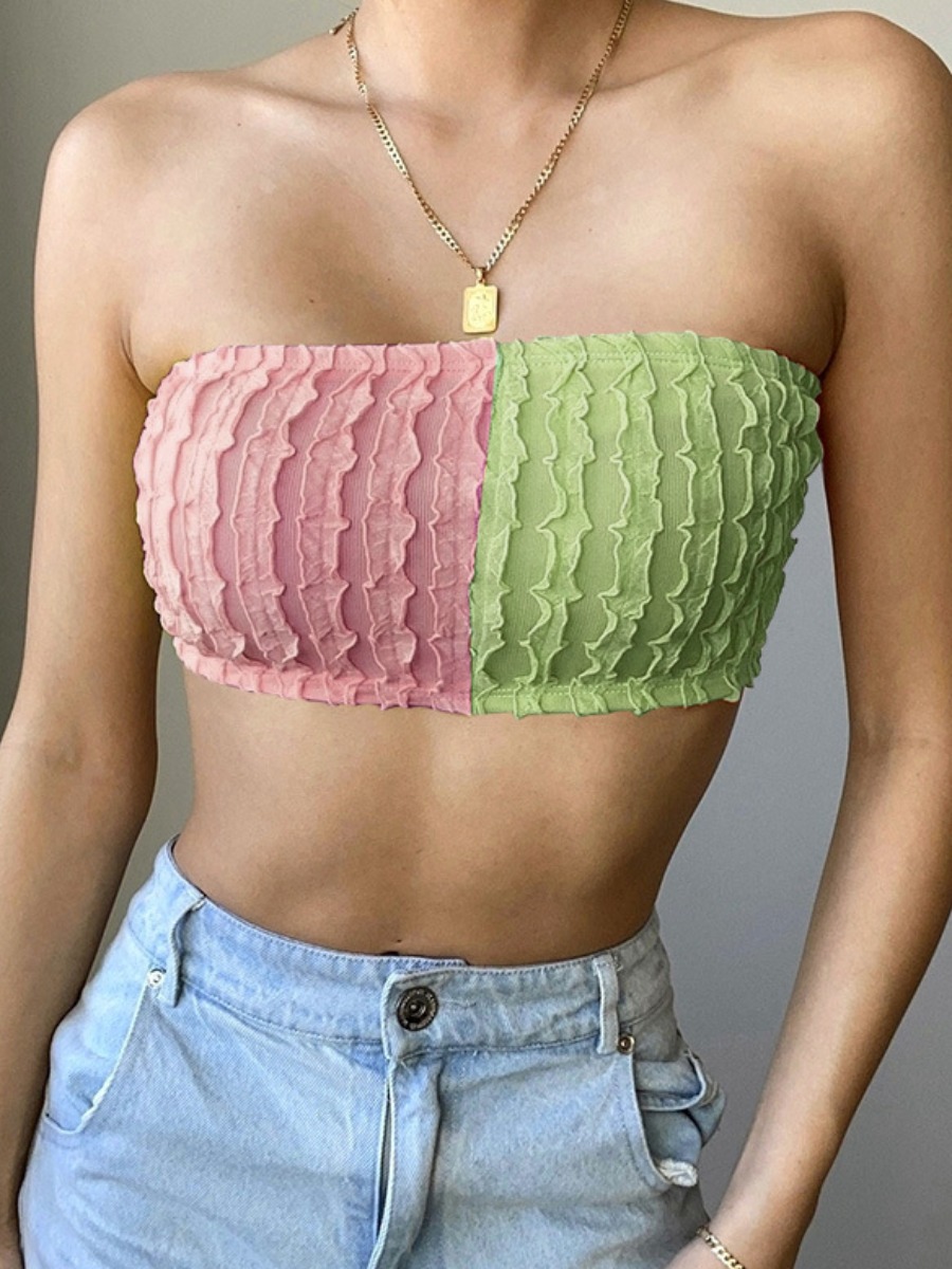 

Lovely Sweet Off The Shoulder Color-lump Green Camisole