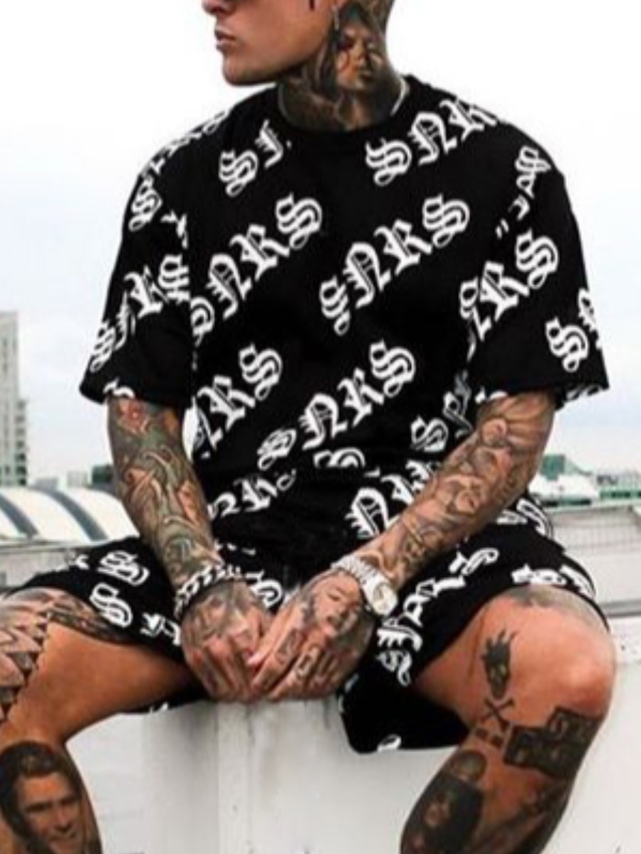 

Lovely Men Street Letter Print Drawstring Black Two Piece Shorts Set