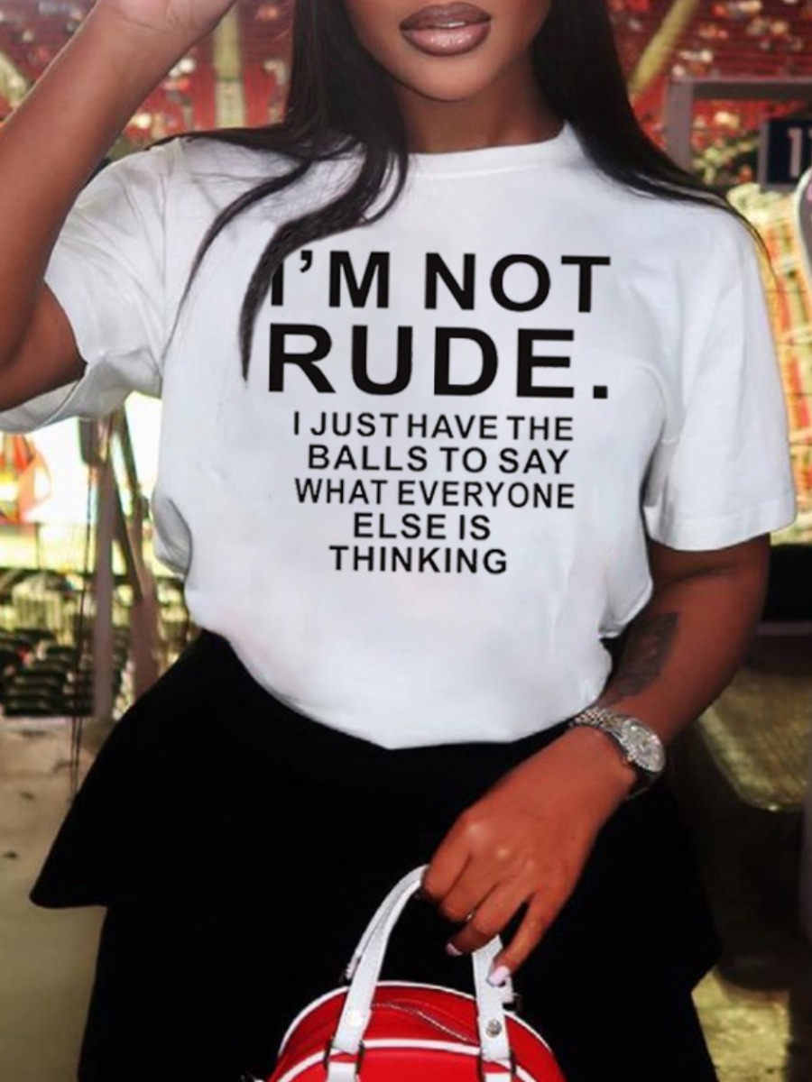 LovelyWholesale Plus Size Casual O Neck Letter Print White T-shirt Summer Short Sleeve Casual Basic Round Neck  4X Spring Summer 2024