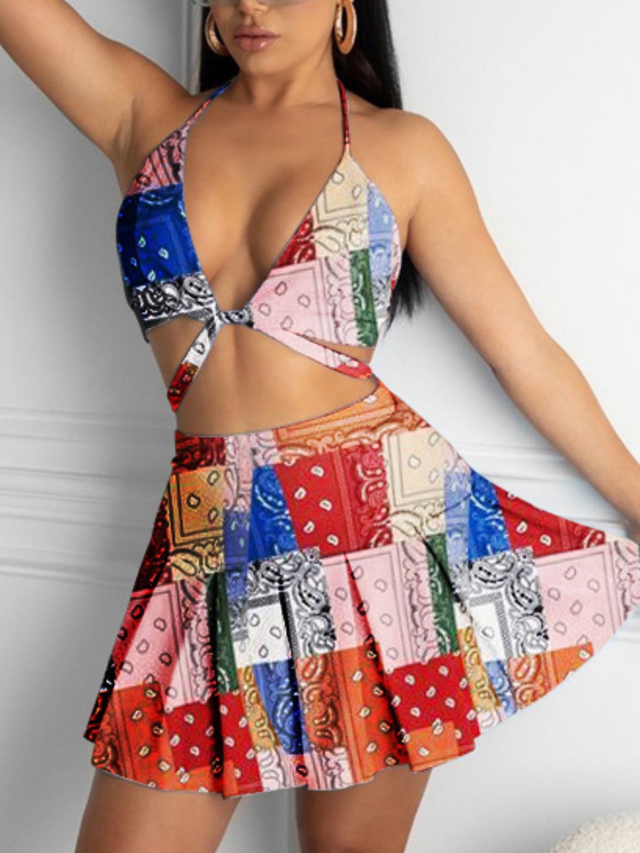 

Lovely Sexy V Neck Print Patchwork Multicolor Two Piece Skirt Set, Multi
