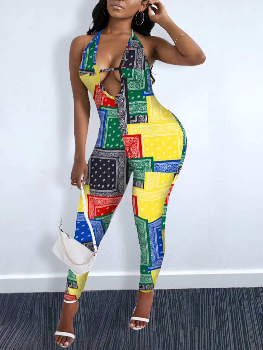 

Lovely Casual Backless Geometric Print Multicolor One-piece Jumpsuit, Multi