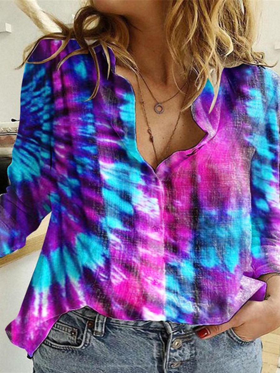 

Lovely Plus Size Street Turndown Collar Tie-dye Purple Blouse