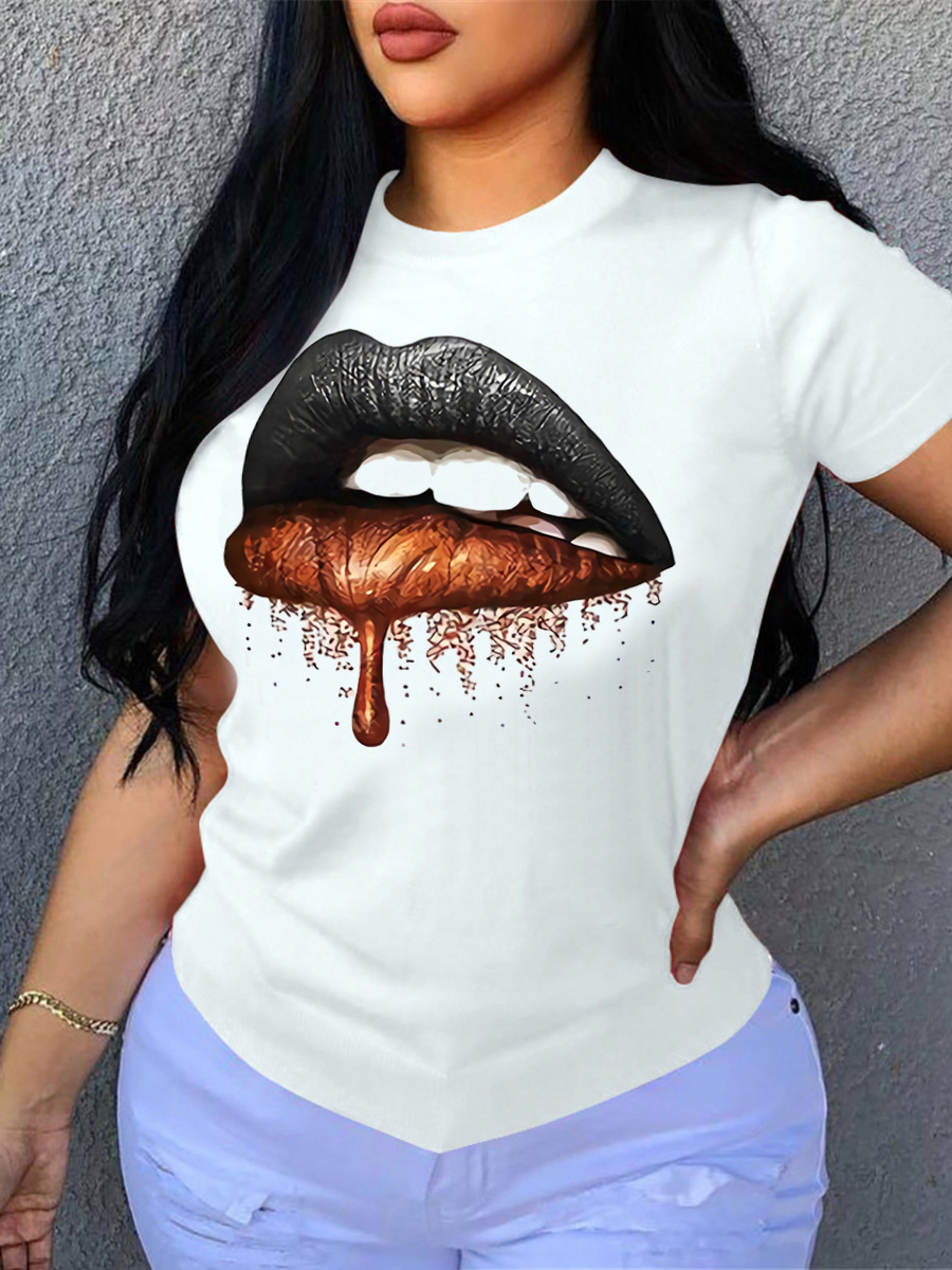 

Lovely Plus Size Casual O Neck Lip Print White T-shirt