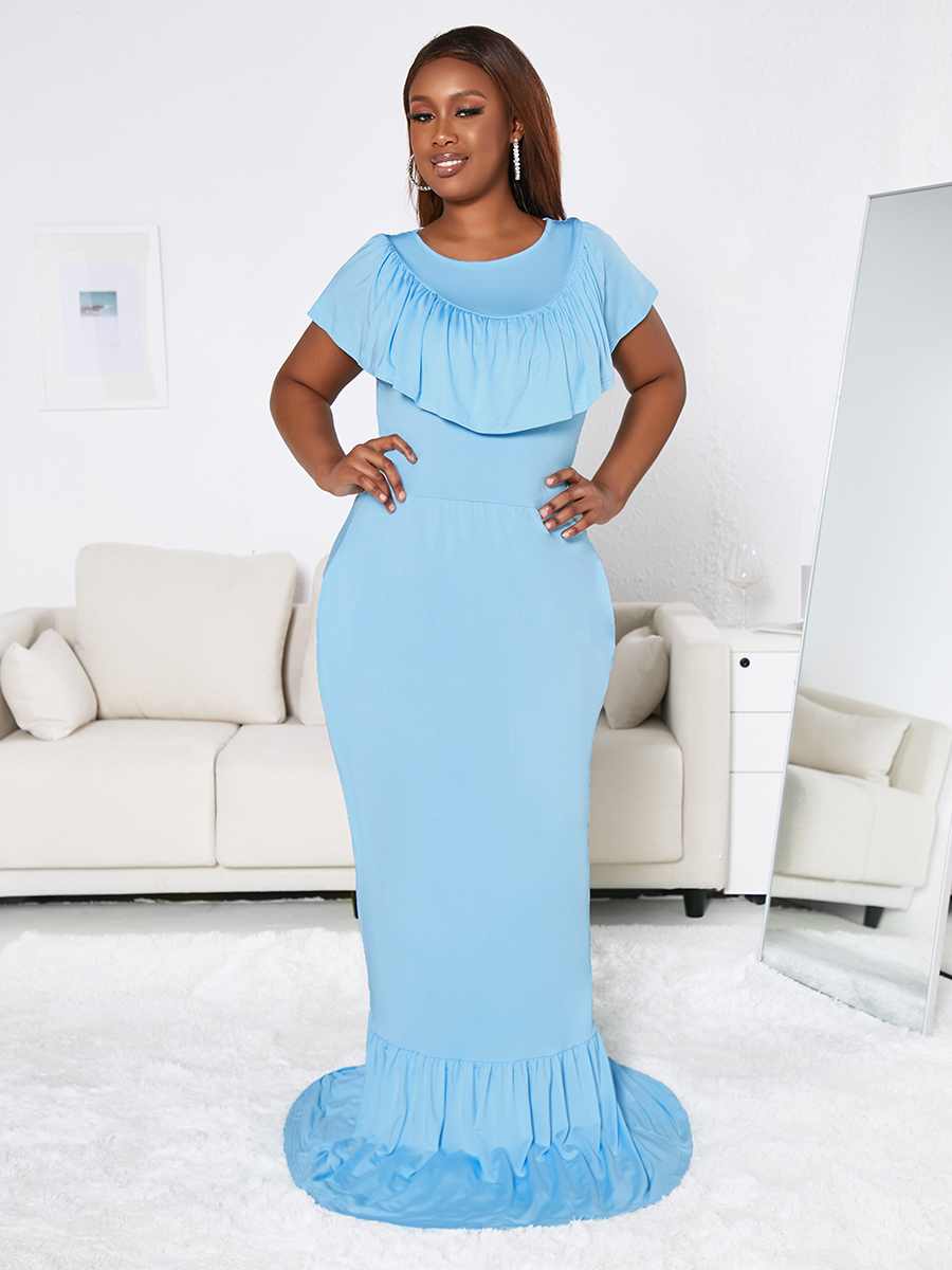 

Lovely Sweet Fold-over Flounce Design Skyblue Floor Length Dress