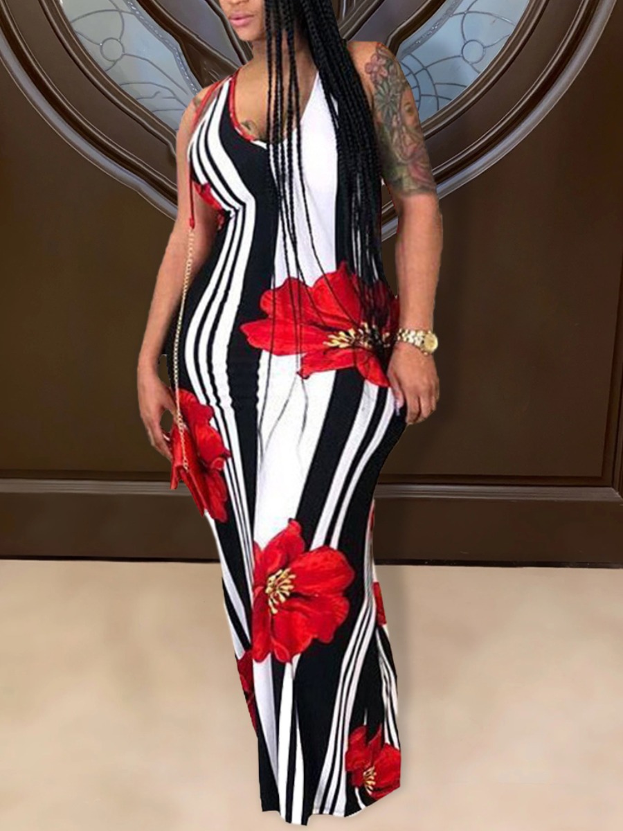 

Lovely Plus Size Boho Floral Print Striped Red Floor Length Dress
