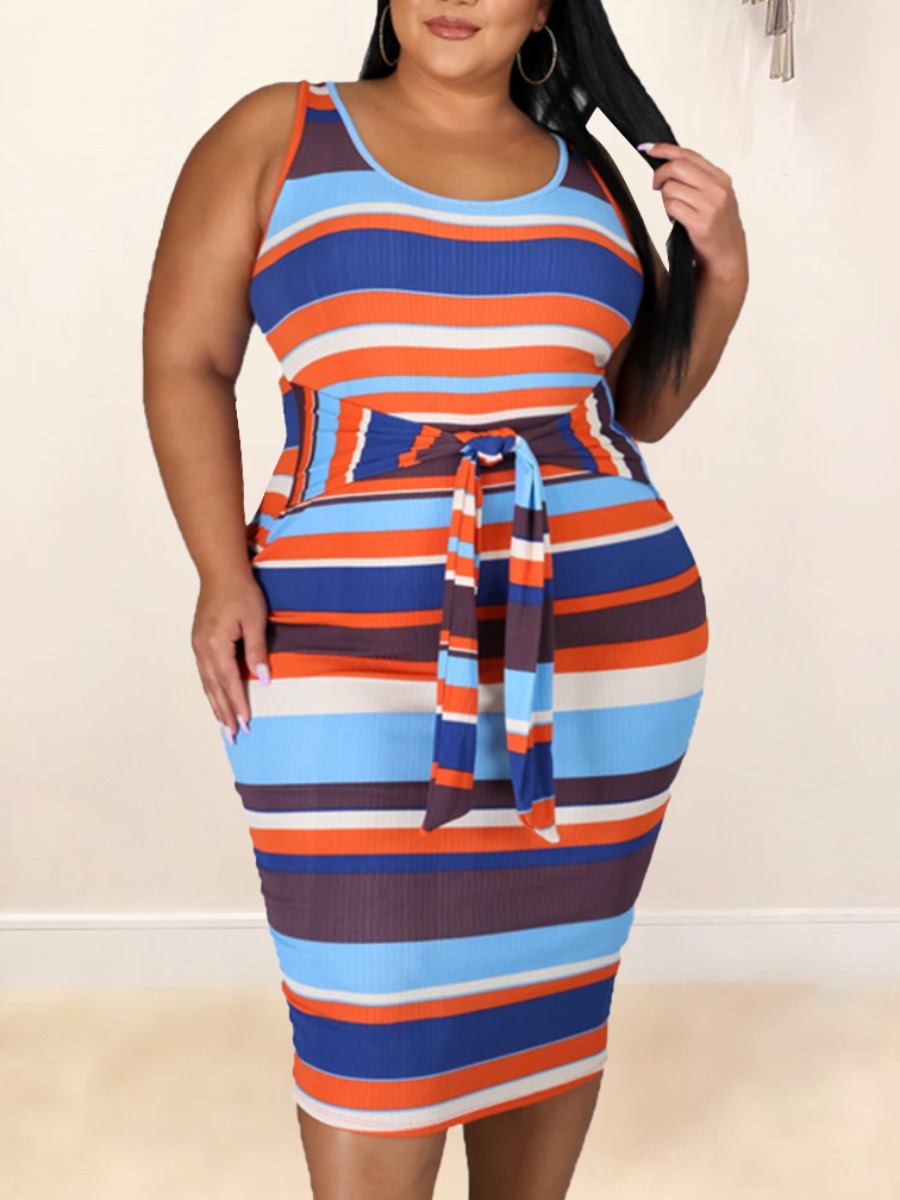 

Lovely Plus Size Casual Striped Bandage Design Croci Knee Length Dress