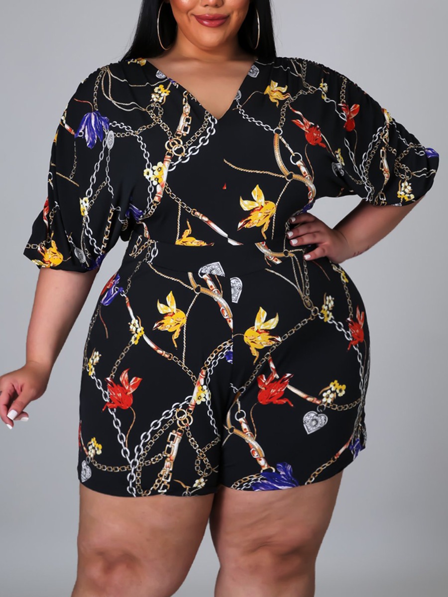 

Lovely Plus Size Casual Floral Chain Print Black One-piece Romper