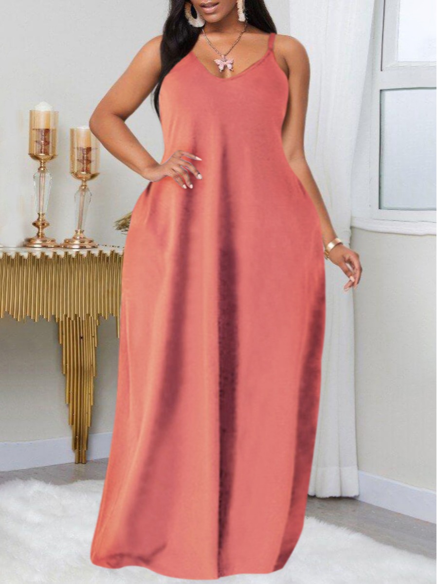 

Lovely Plus Size Casual V Neck Loose Dusty Pink Floor Length Dress, Fan fare