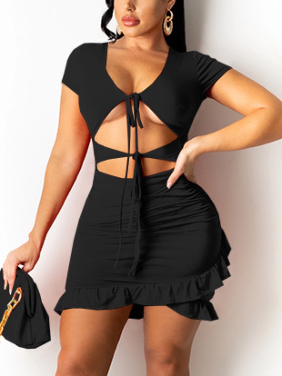 

Lovely Casual Flounce Bandage Hollow-out Design Black Mini Dress