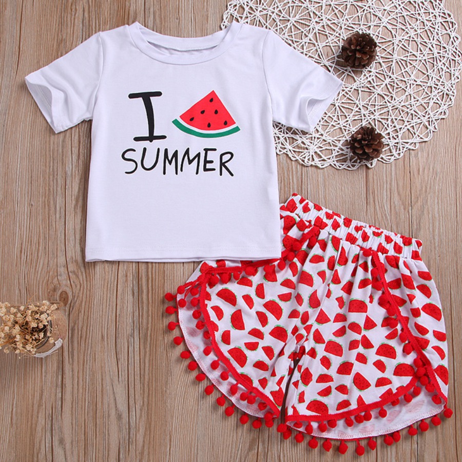 

Lovely Girl Sweet Letter Print Tassel Design Red Two Piece Shorts Set
