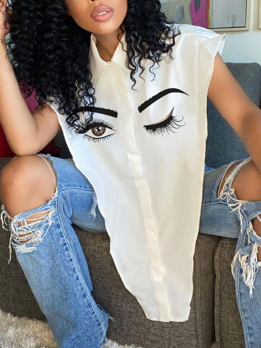 

LW SXY Street Eye Print Split White Blouse
