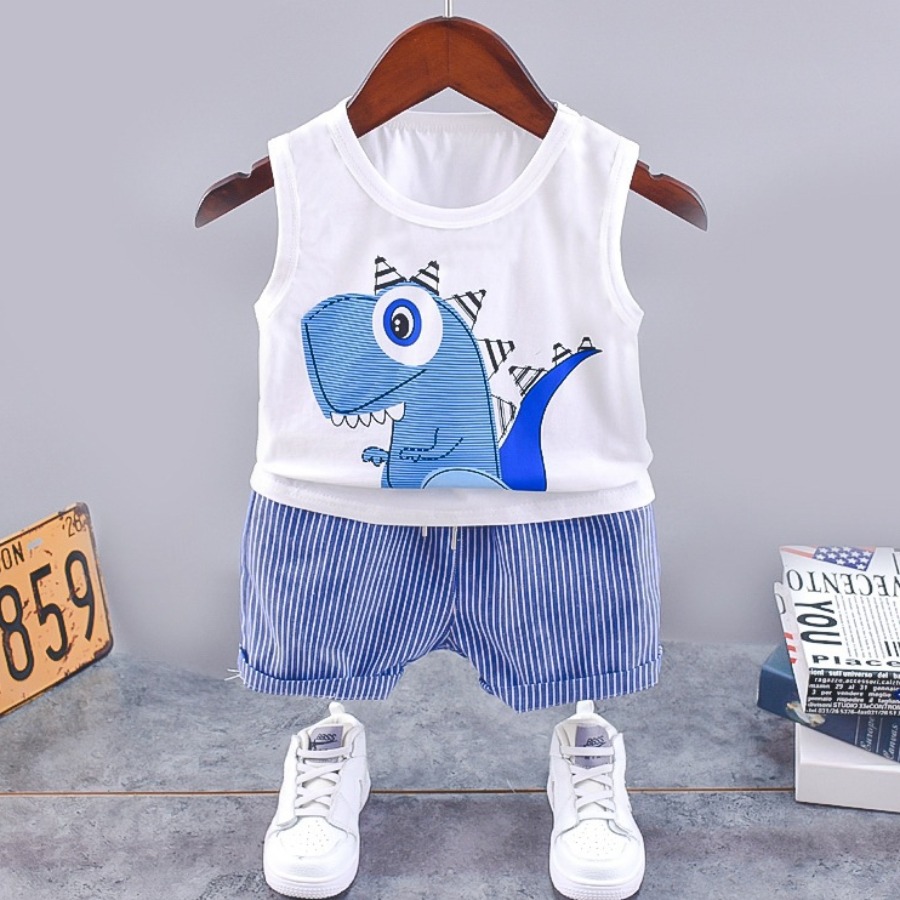 

Lovely Boy Street Cartoon Print Striped White Two Piece Shorts Set