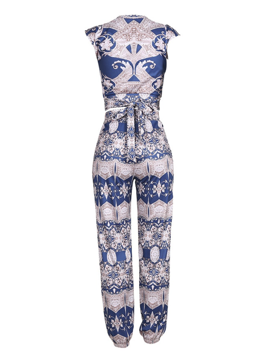 Lovely Casual Print Patchwork Bandage Design Blue Two Piece Pants Set