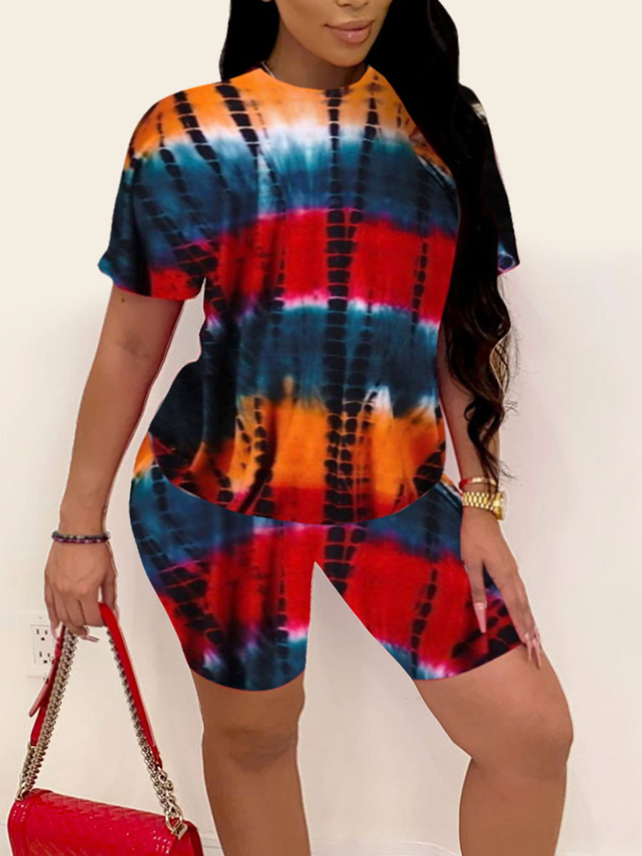 

Lovely Plus Size Casual O Neck Tie-dye Red Two-piece Shorts Set