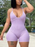 LW Casual Backless Rib-Knit Purple Romper