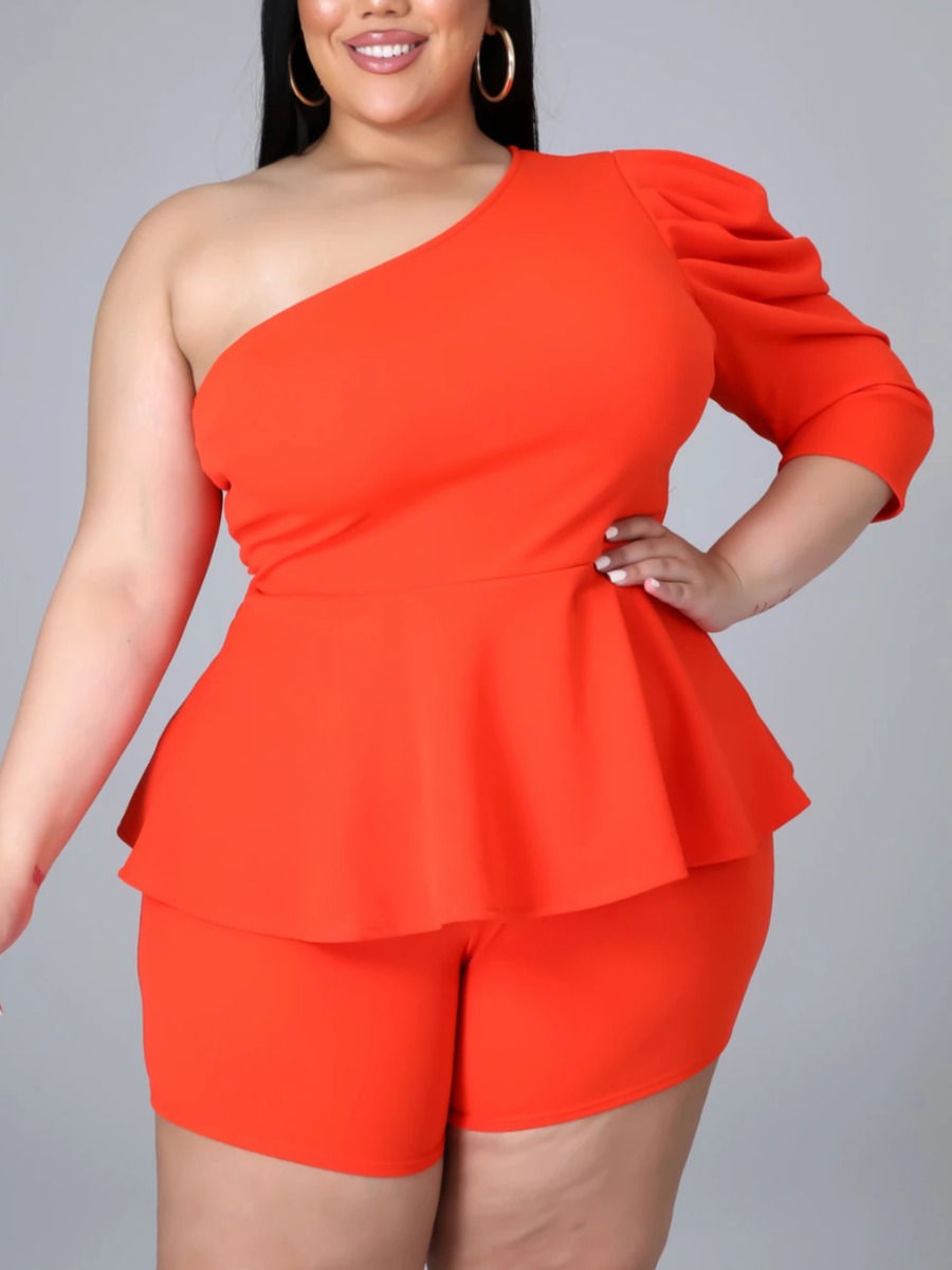 

Lovely Plus Size Sweet One Shoulder Flounce Design Jacinth Two-piece Shorts Set