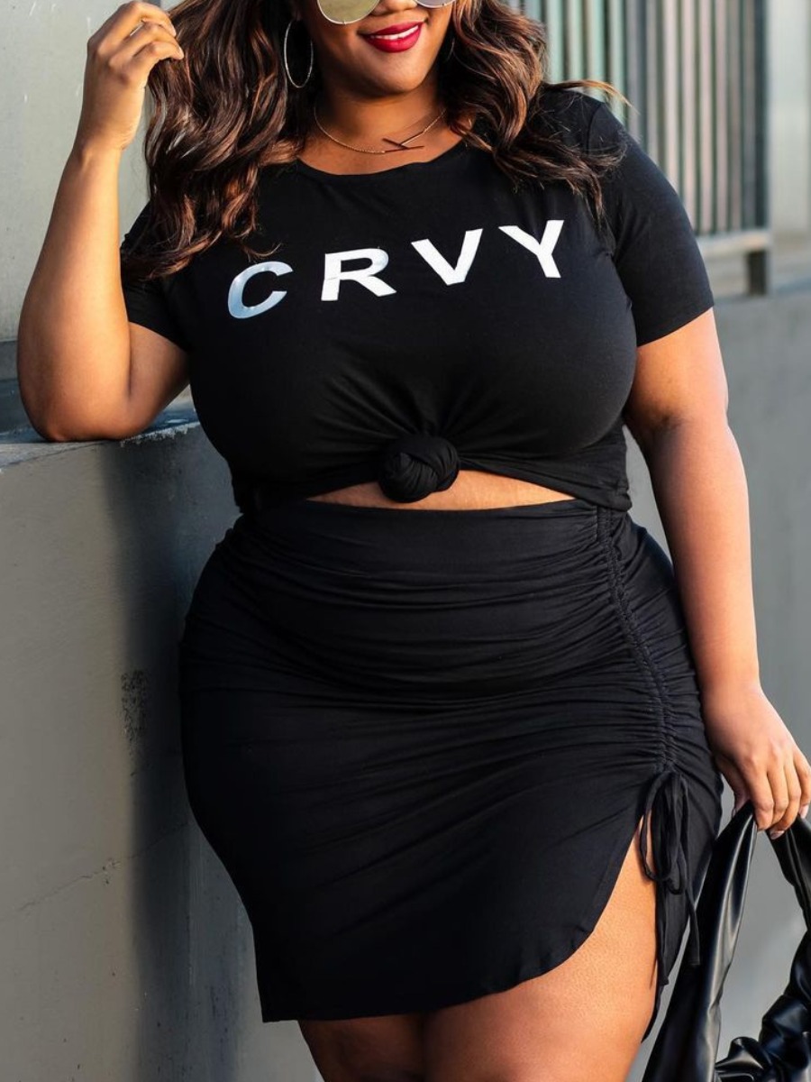 

Lovely Plus Size Casual Letter Print Drawstring Black Two-piece Skirt Set
