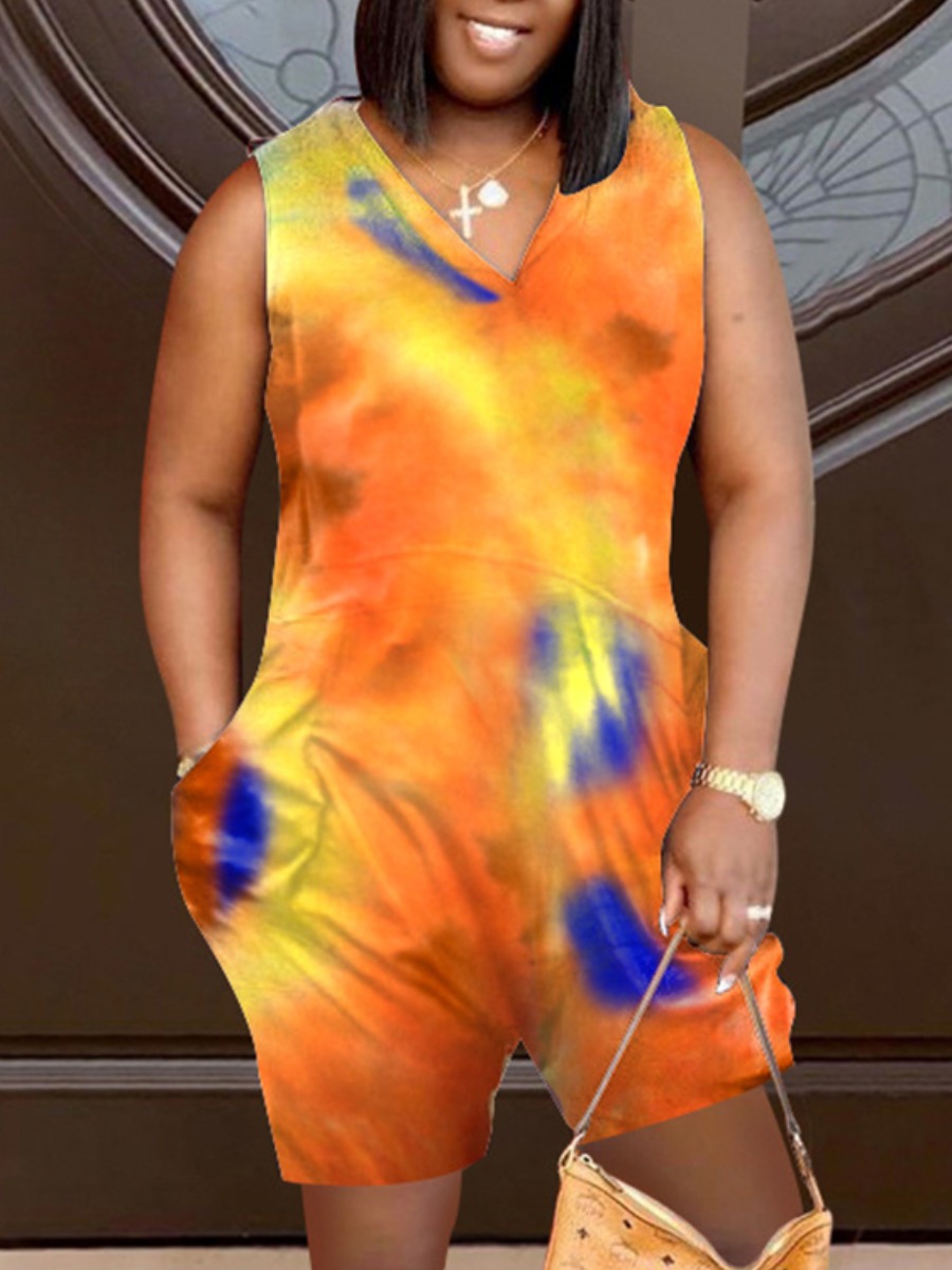 

LW Plus Size Casual V Neck Tie-dye Yellow One-piece Romper