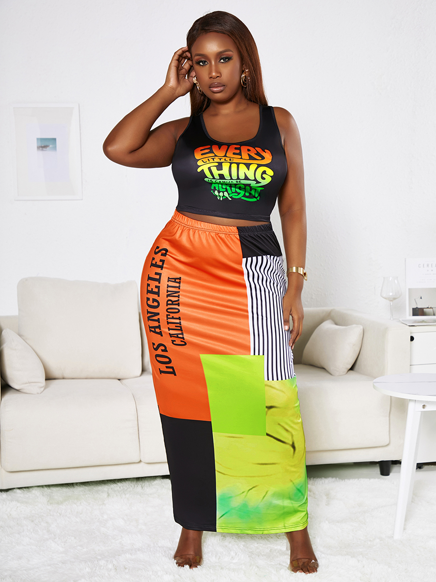 

Lovely Plus Size Casual Letter Print Patchwork Orange Two-piece Skirt Set