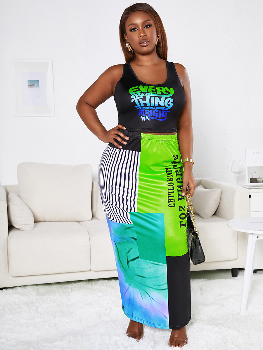 

Lovely Plus Size Casual Letter Print Patchwork Green Two-piece Skirt Set