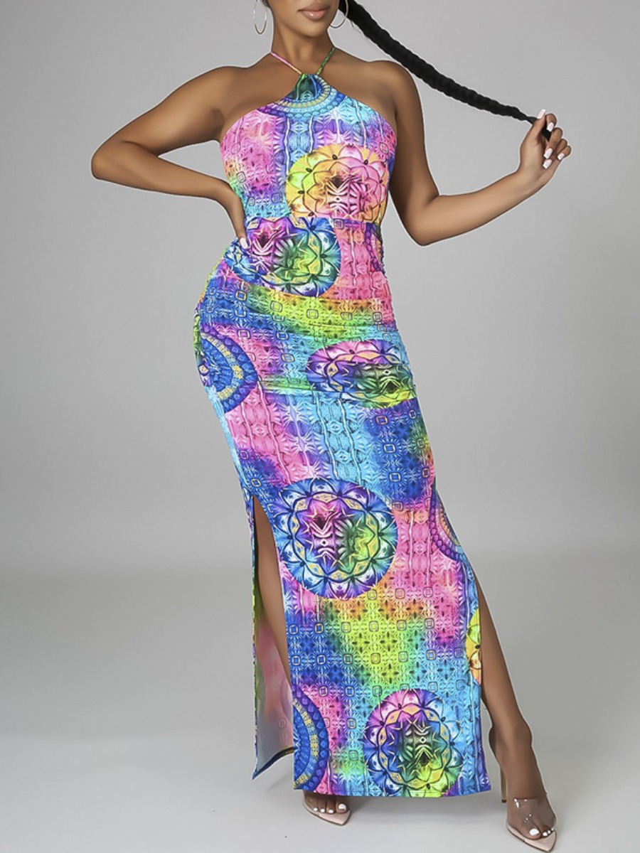 

Lovely Boho Print Backless Slit Blue Ankle Length Dress