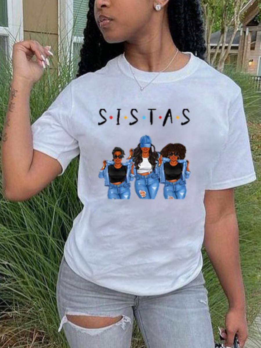 

Lovely Casual O Neck Portrait Print White T-shirt