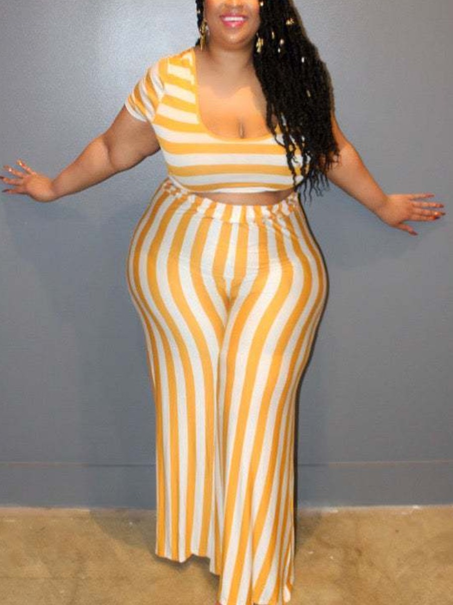 

Lovely Plus Size Casual U Neck Striped Yellow Two-piece Pants Set