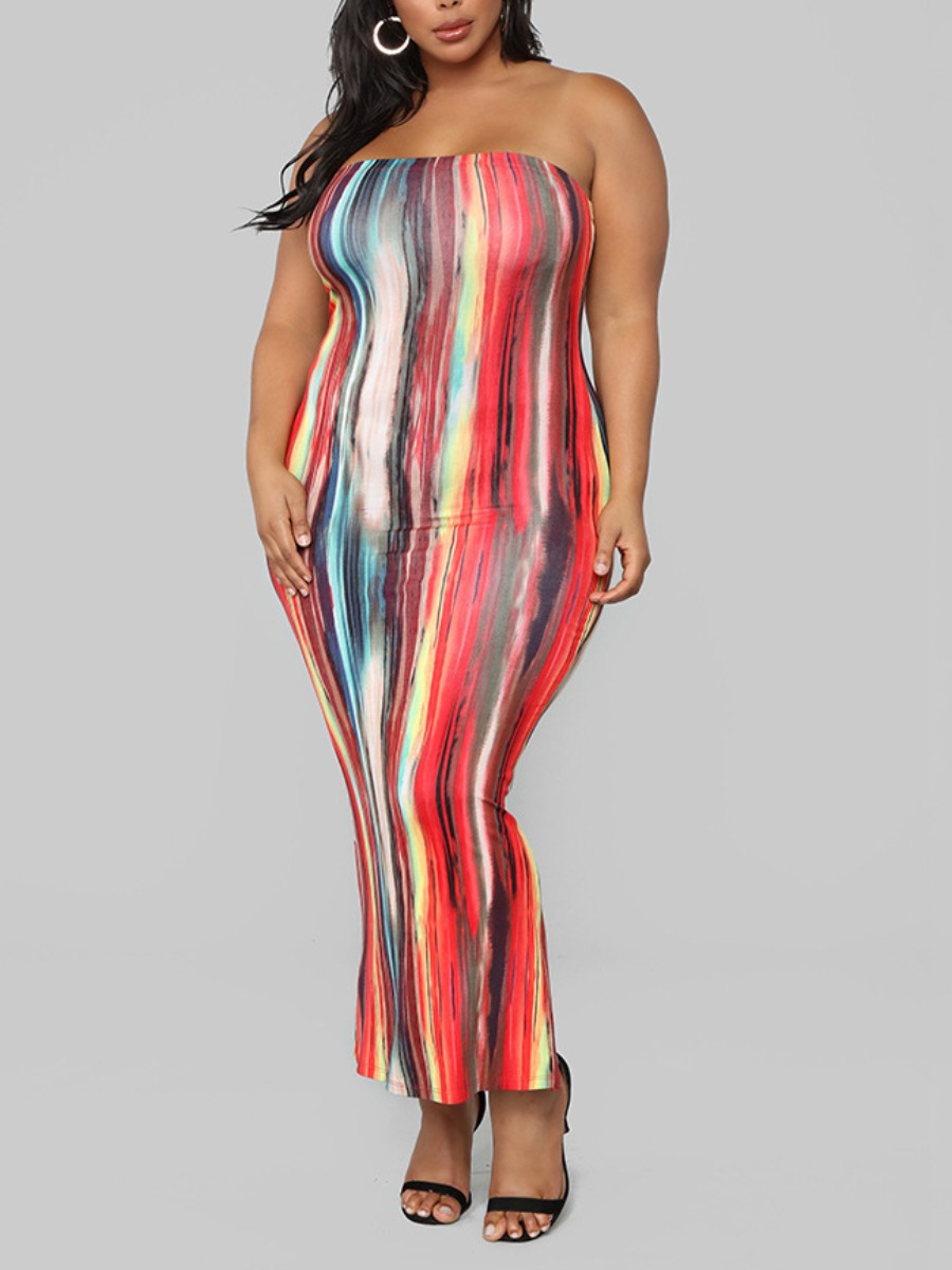 

LW Plus Size Casual Off Shoulder Mixed Print Multicolor Ankle Length Dress, Multi