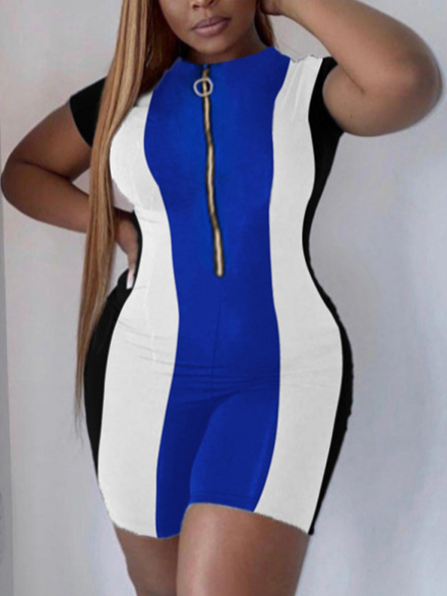 

Lovely Plus Size Sporty Color-lump Zipper Design Blue One-piece Romper