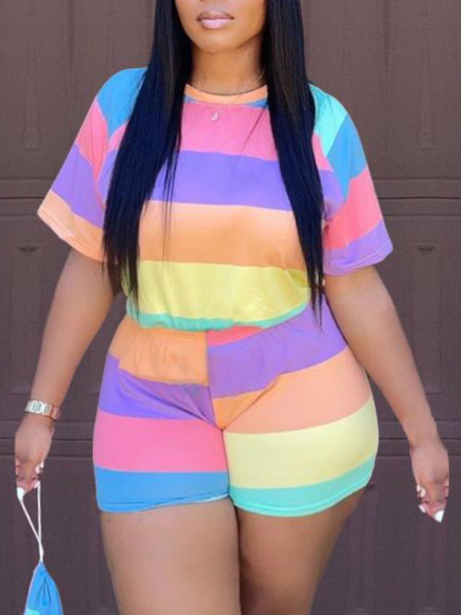 

Lovely Plus Size Casual Round Neck Striped Multicolor Two-piece Shorts Set, Multi
