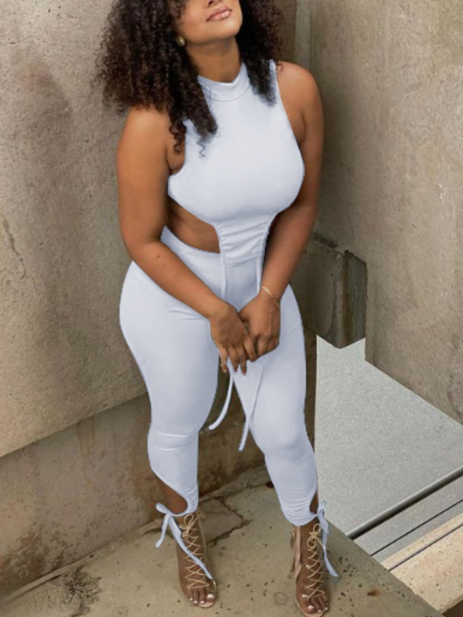 

LW Street Half A Turtleneck Bandage Design White Two Piece Pants Set