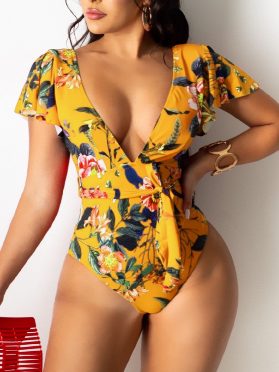 

Lovely Boho Backless Floral Print Flounce Design Yellow One-piece Swimsuit