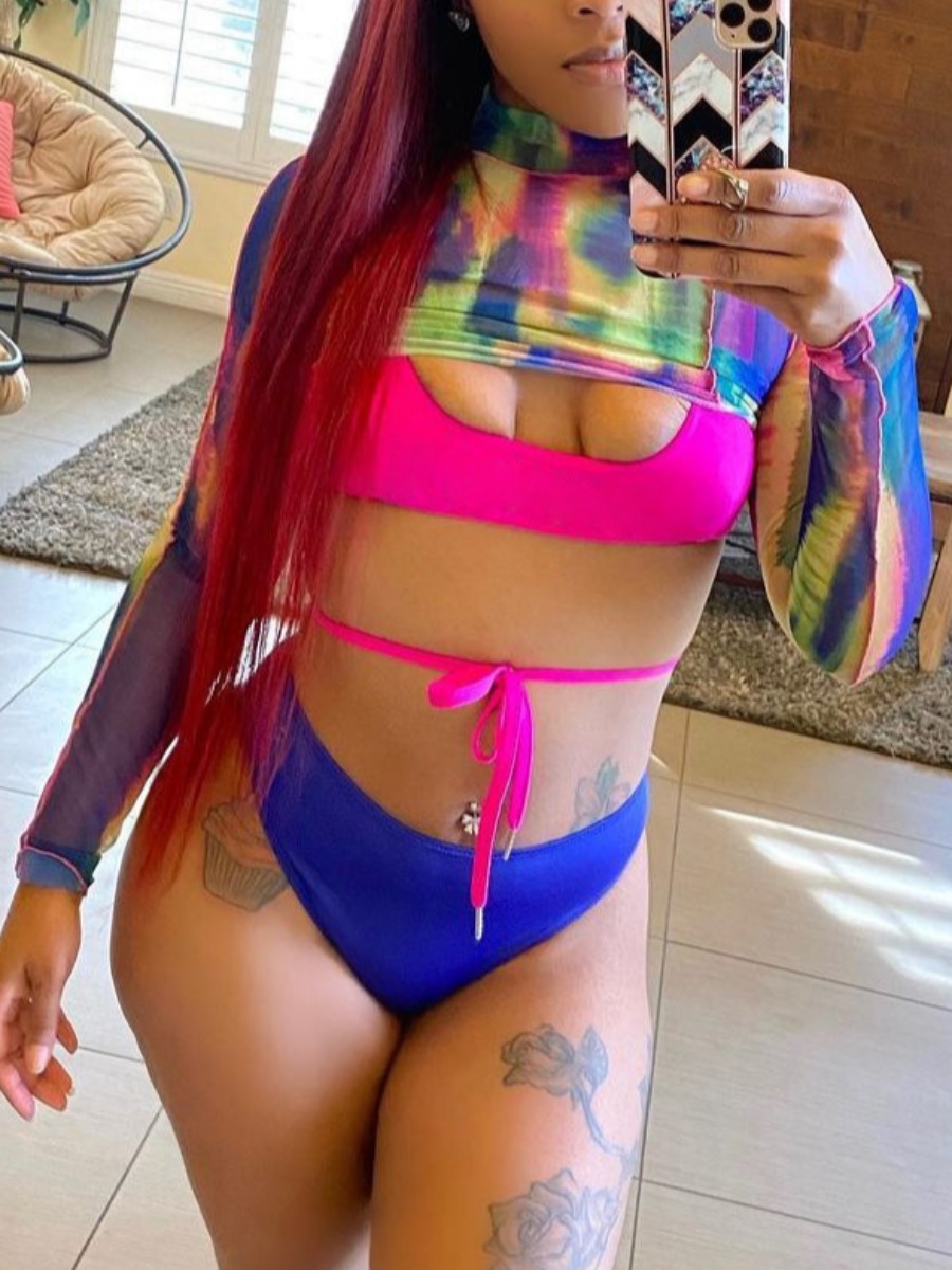 

Lovely Boho Print Bandage Design Multicolor Three-piece Swimsuit, Multi