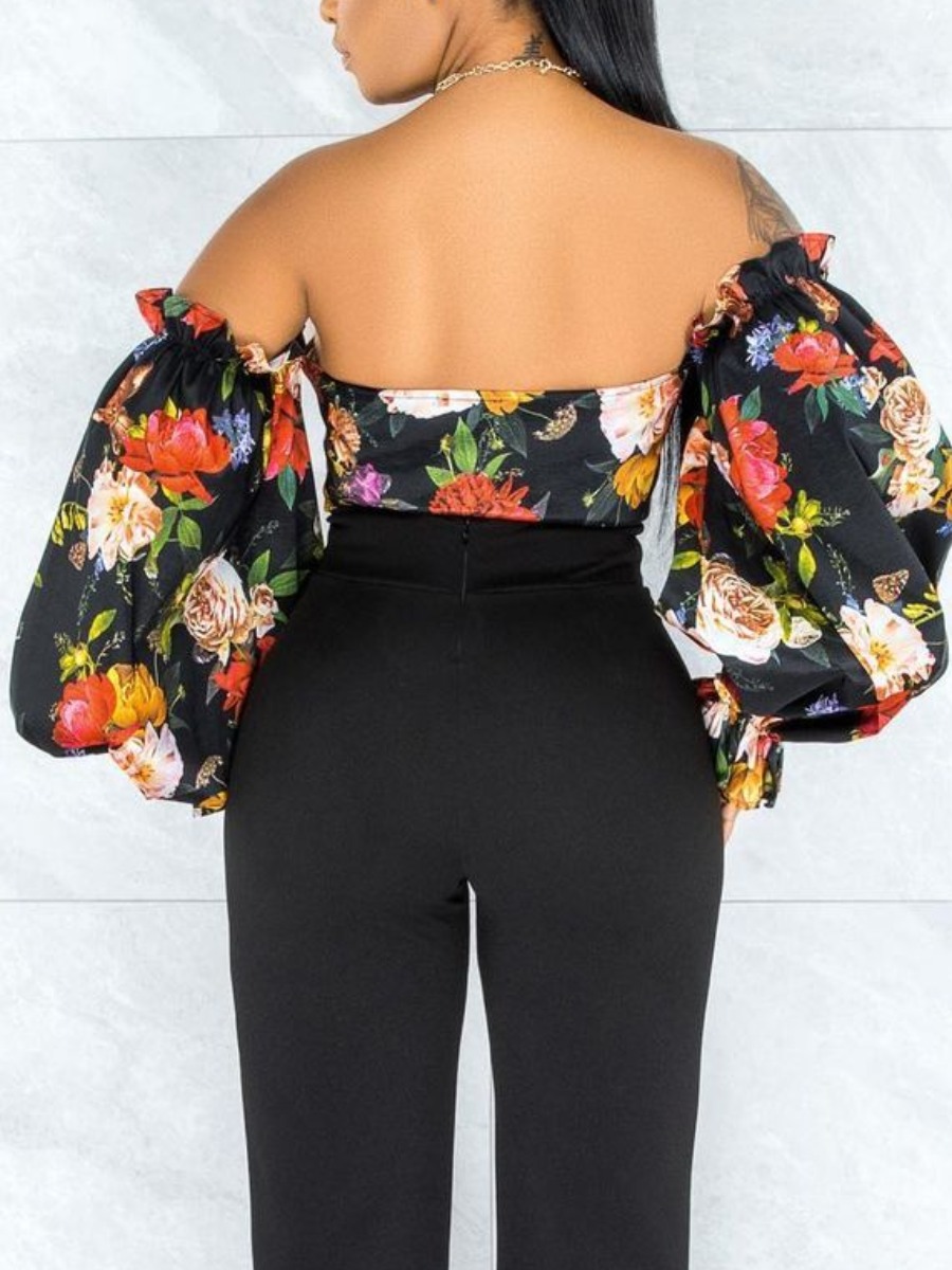 

LW Sweet Floral Print Fold Design Black Blouse