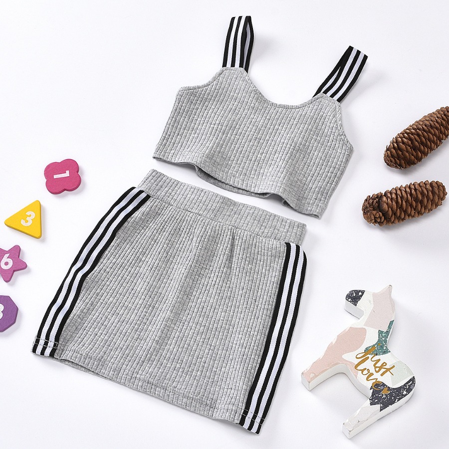 

LW Girl Casual Striped Rib-Knit Grey Two Piece Skirt Set