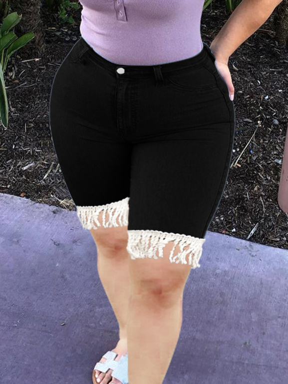 

LW Plus Size Street High-waisted Tassel Design Black Denim Shorts