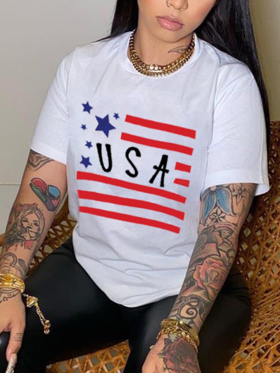 

Lovely Street American Flag Letter Print Pure White T-shirt