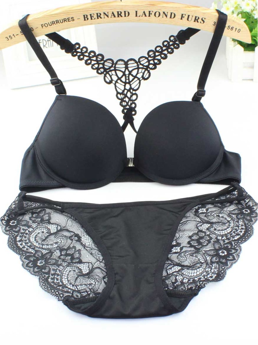 

LW Casual Lace Patchwork Black Bra Set
