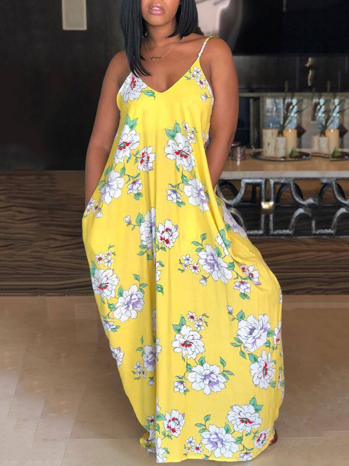 

Lovely Boho V Neck Floral Print Yellow Floor Length Dress