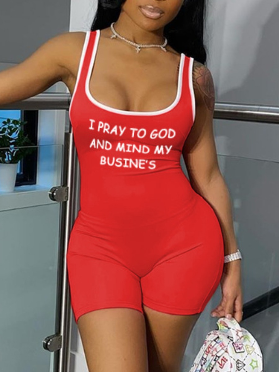 

Lovely Sporty U Neck Letter Print Red One-piece Romper
