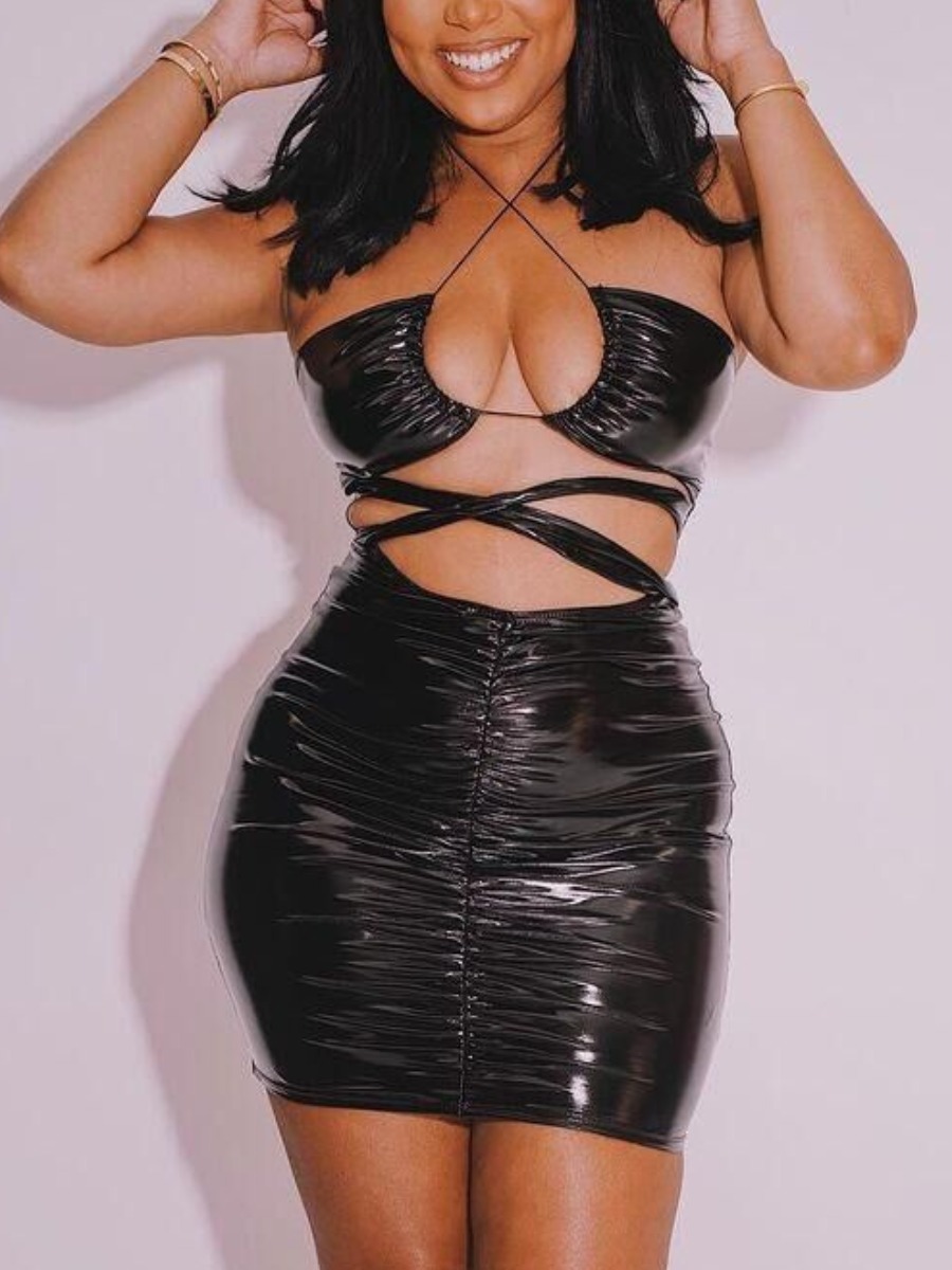 

Lovely Sexy Bandage Hollow-out Design Black Mini Dress