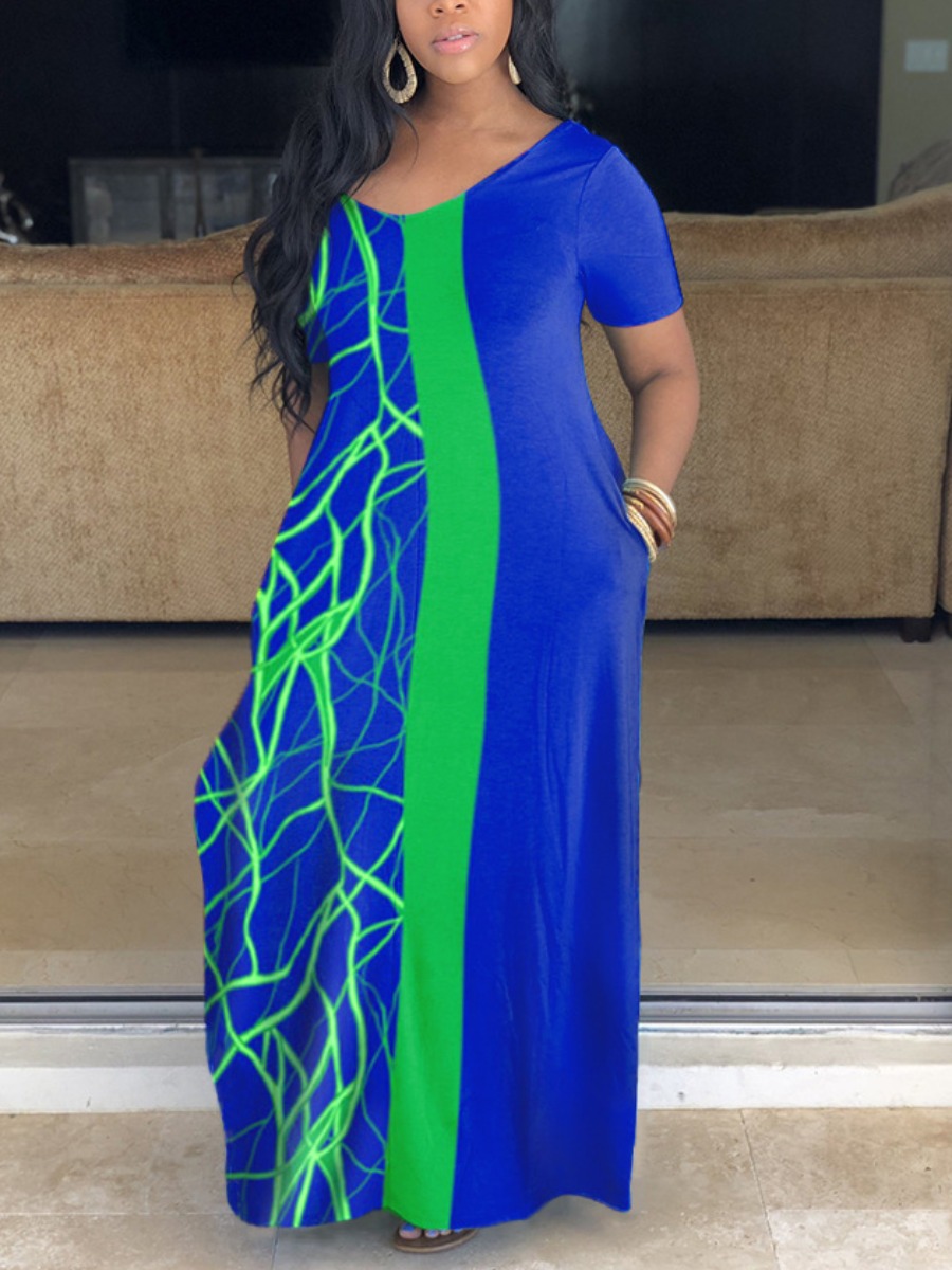 

Lovely Casual V Neck Print Blue Floor Length A Line Dress