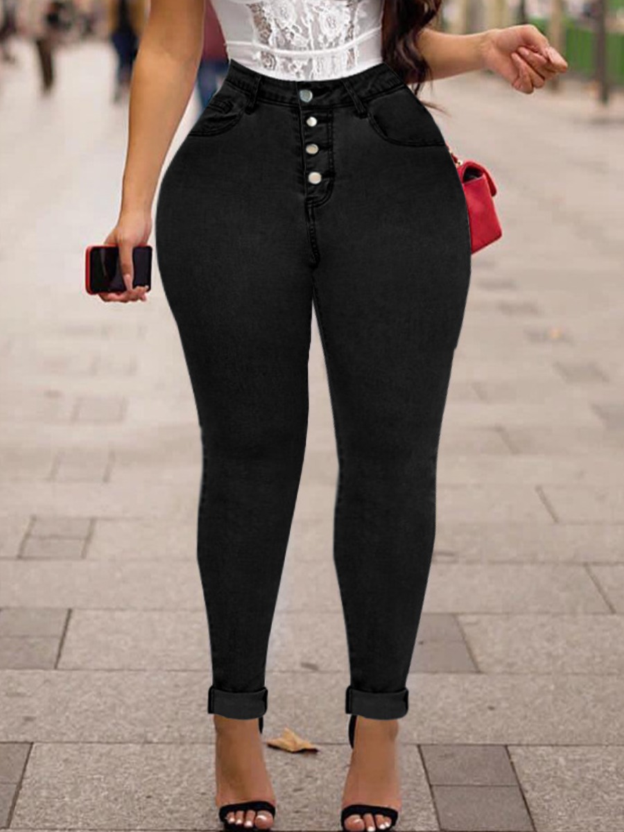 

Lovely Casual High-waisted Button Design Black Jeans