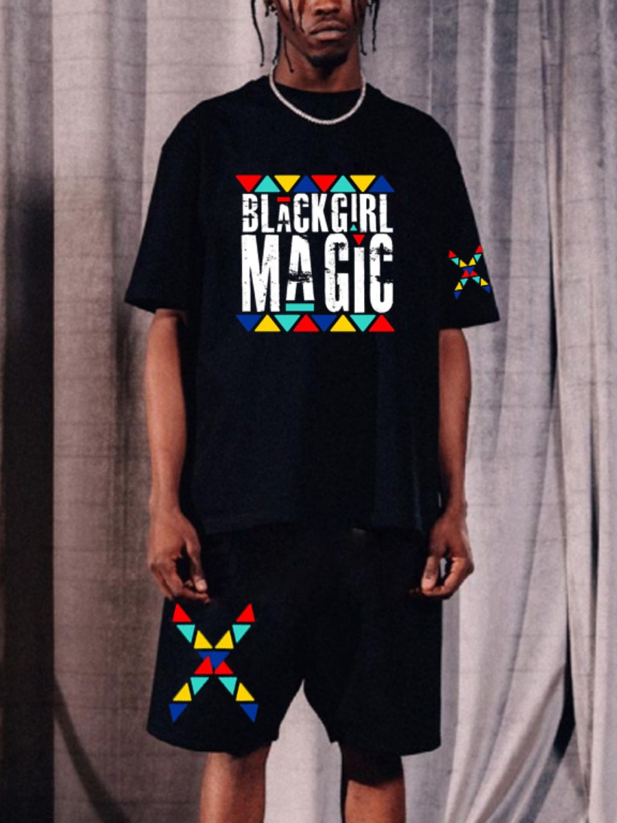 

Lovely Men Street Geometric Letter Print Black Two Piece Shorts Set