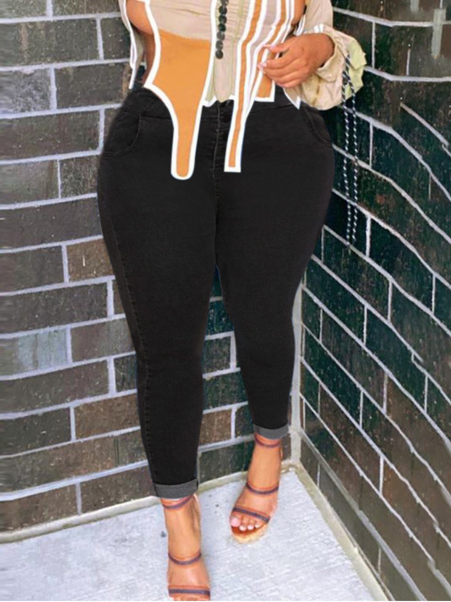 

Lovely Plus Size Casual Mid Waist Elastic Black Jeans