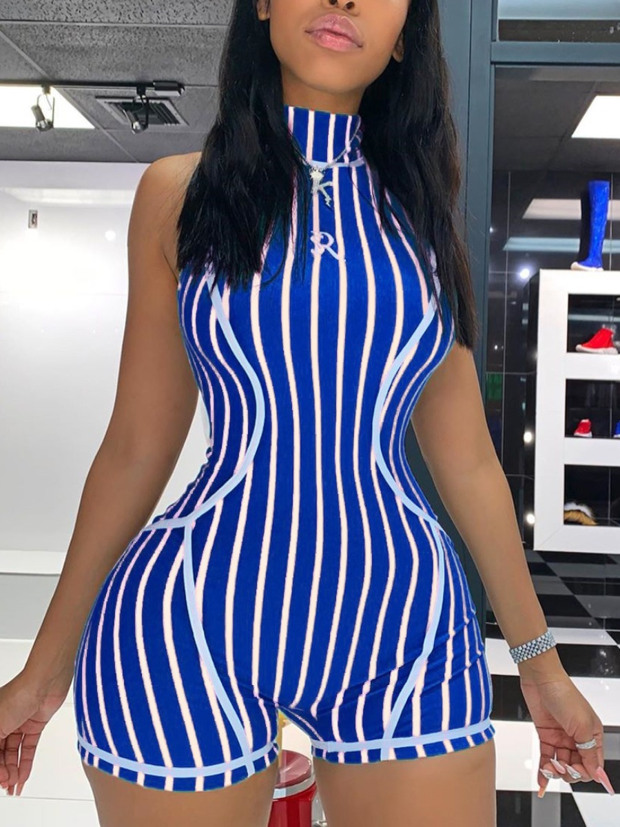 

Lovely Casual Turtleneck Striped Deep Blue One-piece Romper