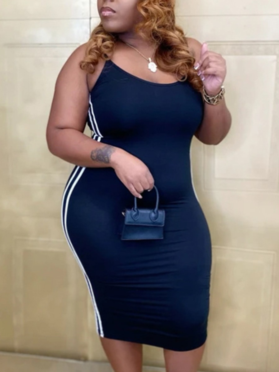 

Lovely Plus Size Casual U Neck Striped Black Knee Length Dress