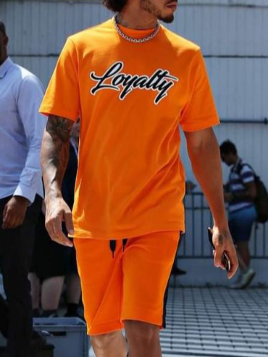 

LW Men Casual Letter Print Drawstring Yellow Two Piece Shorts Set