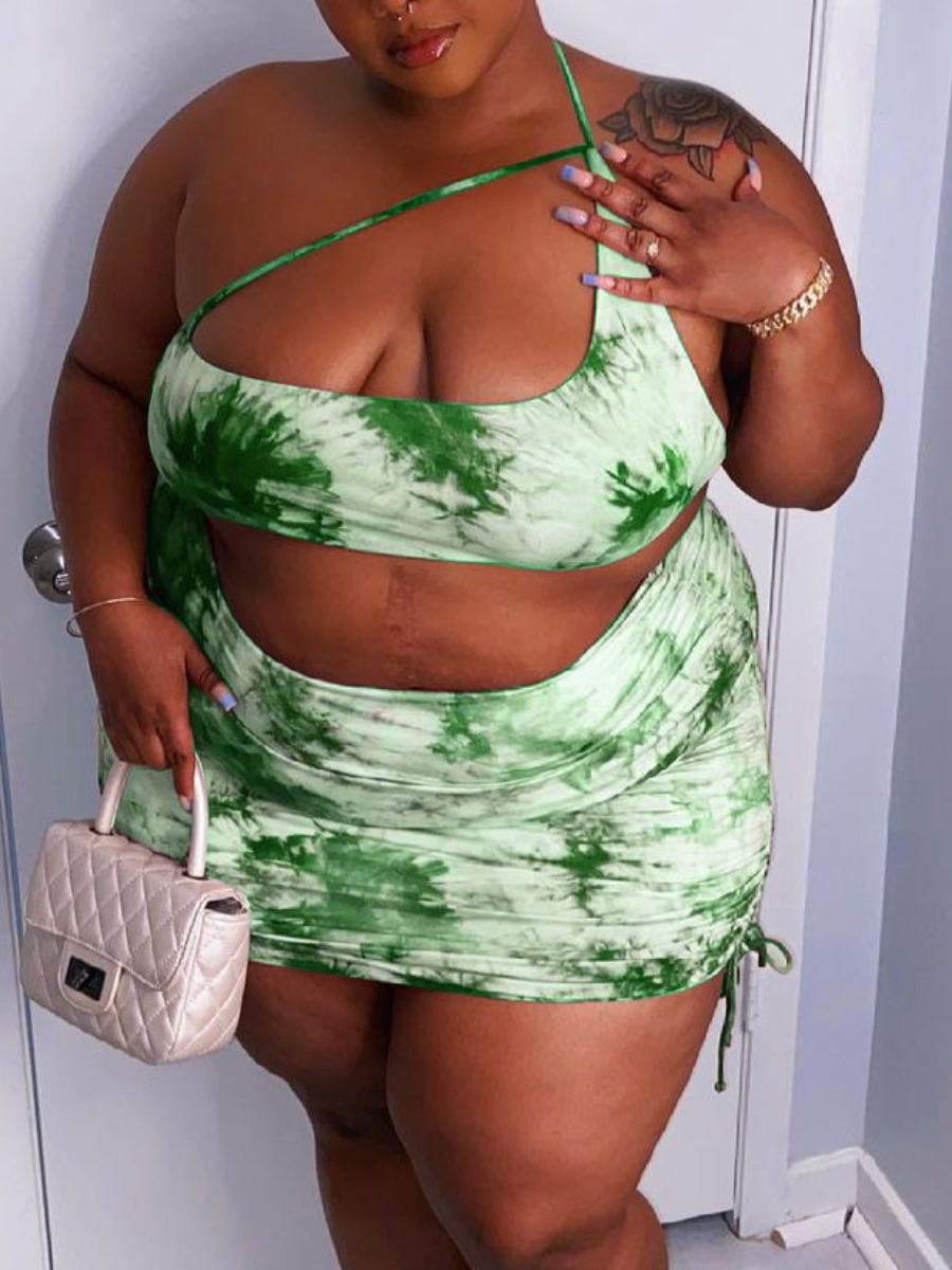 

Lovely Plus Size Street Tie-dye Drawstring Green Two-piece Skirt Set