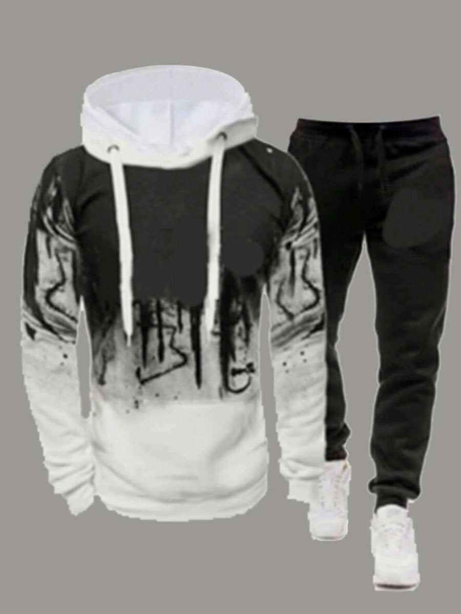 LovelyWholesale Men Casual Print Patchwork Drawstring White Tracksuit Set Fall Long Sleeve Casual Basic Hooded Collar Spring Summer 2024